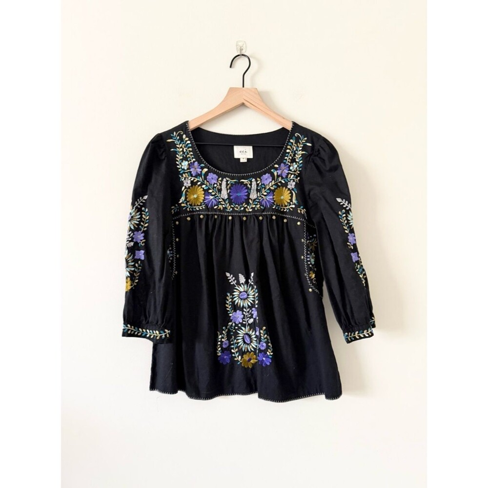 ECI Black Top with Multicolor Floral Embroidery Boho Size M